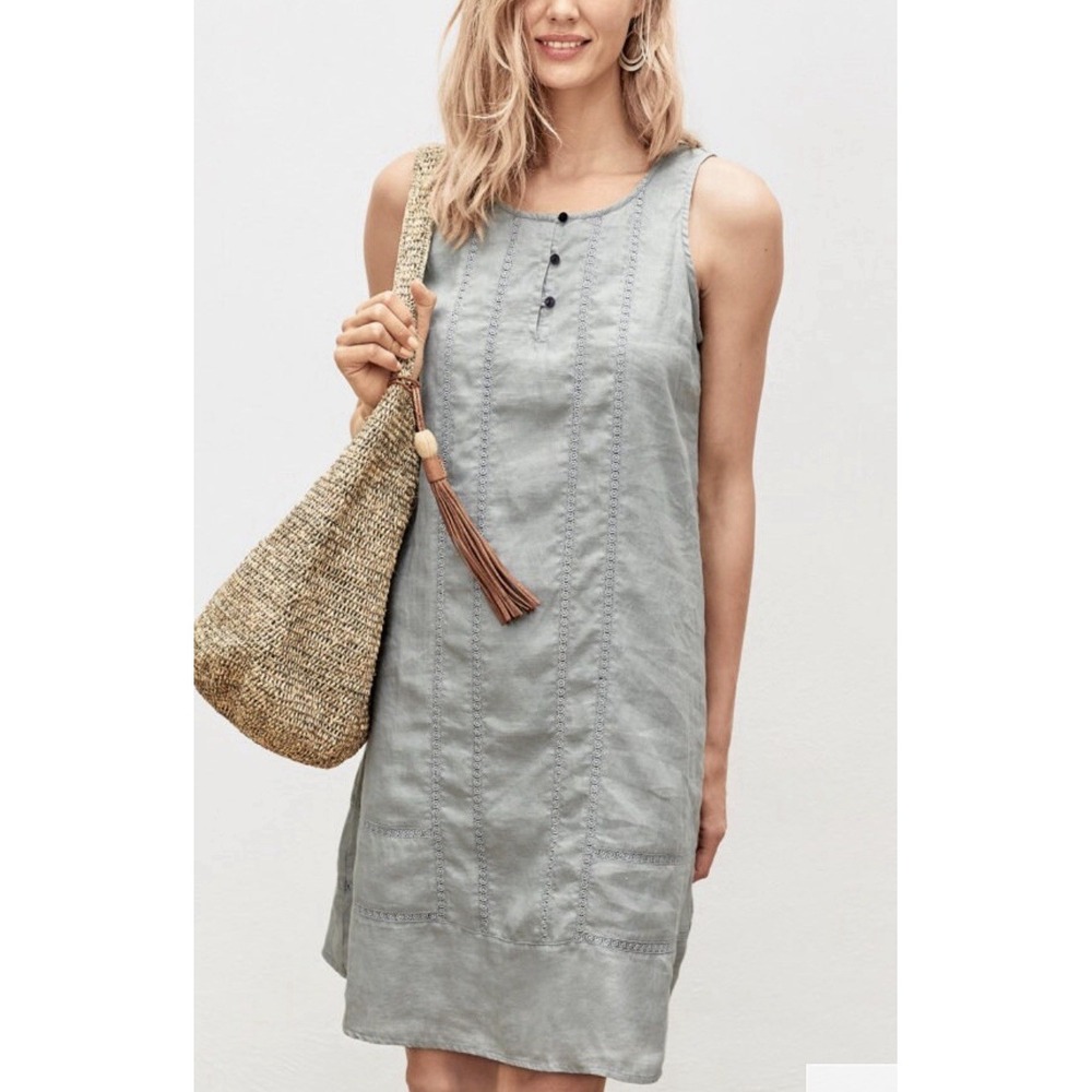 Garnet Hill Lace-Inset Linen Dress Gray Sleeveless Shift Women's 6 Knee Length